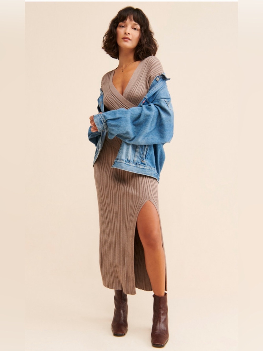 ASTR The Label Taupe Astrid Knit Ribbed Wrap-Front Long Sleeve Maxi Dress Small